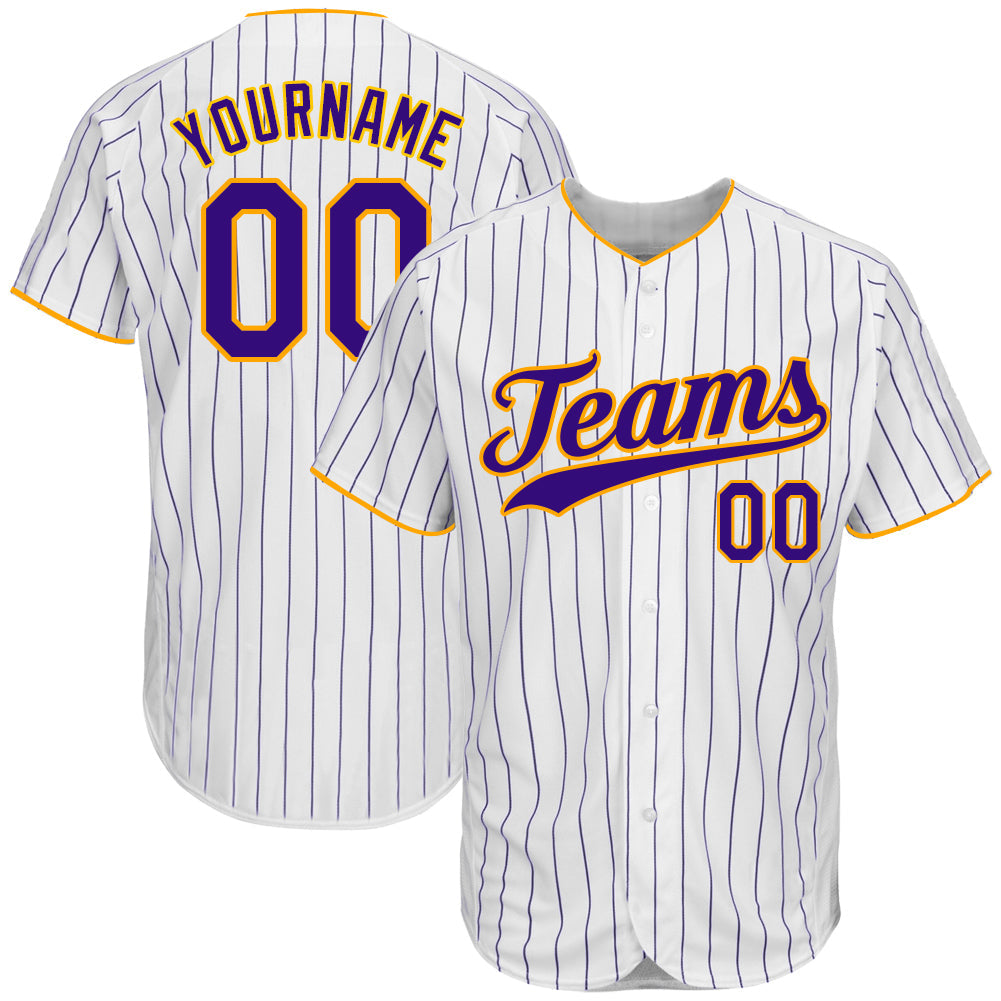 Custom White Purple Pinstripe Purple-Gold Authentic Baseball Jersey - Main View