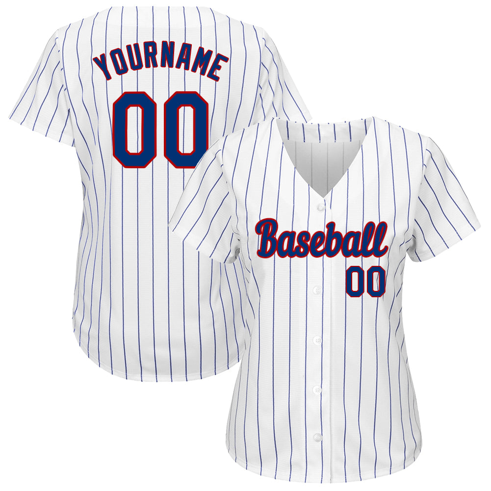 Custom White Royal Pinstripe Royal-Red Authentic Baseball Jersey view 2