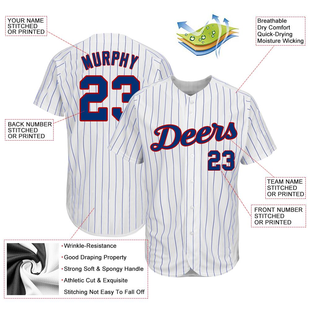 Custom White Royal Pinstripe Royal-Red Authentic Baseball Jersey view 3