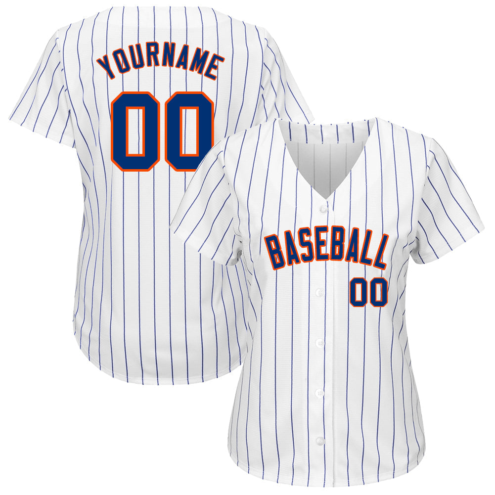 Custom White Royal Pinstripe Royal-Orange Authentic Baseball Jersey view 2