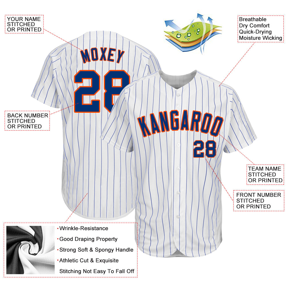 Custom White Royal Pinstripe Royal-Orange Authentic Baseball Jersey view 3