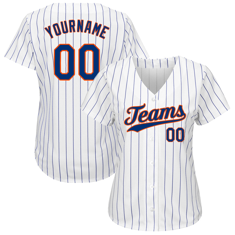 Custom White Royal Pinstripe Royal-Orange Authentic Baseball Jersey view 2