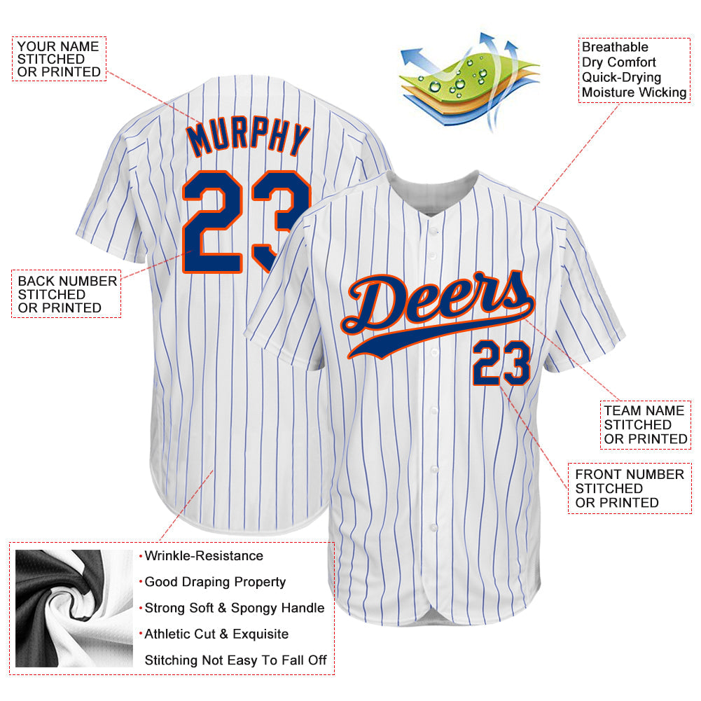 Custom White Royal Pinstripe Royal-Orange Authentic Baseball Jersey view 3