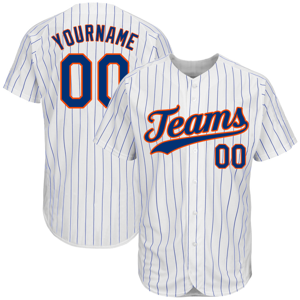 Custom White Royal Pinstripe Royal-Orange Authentic Baseball Jersey - Main View