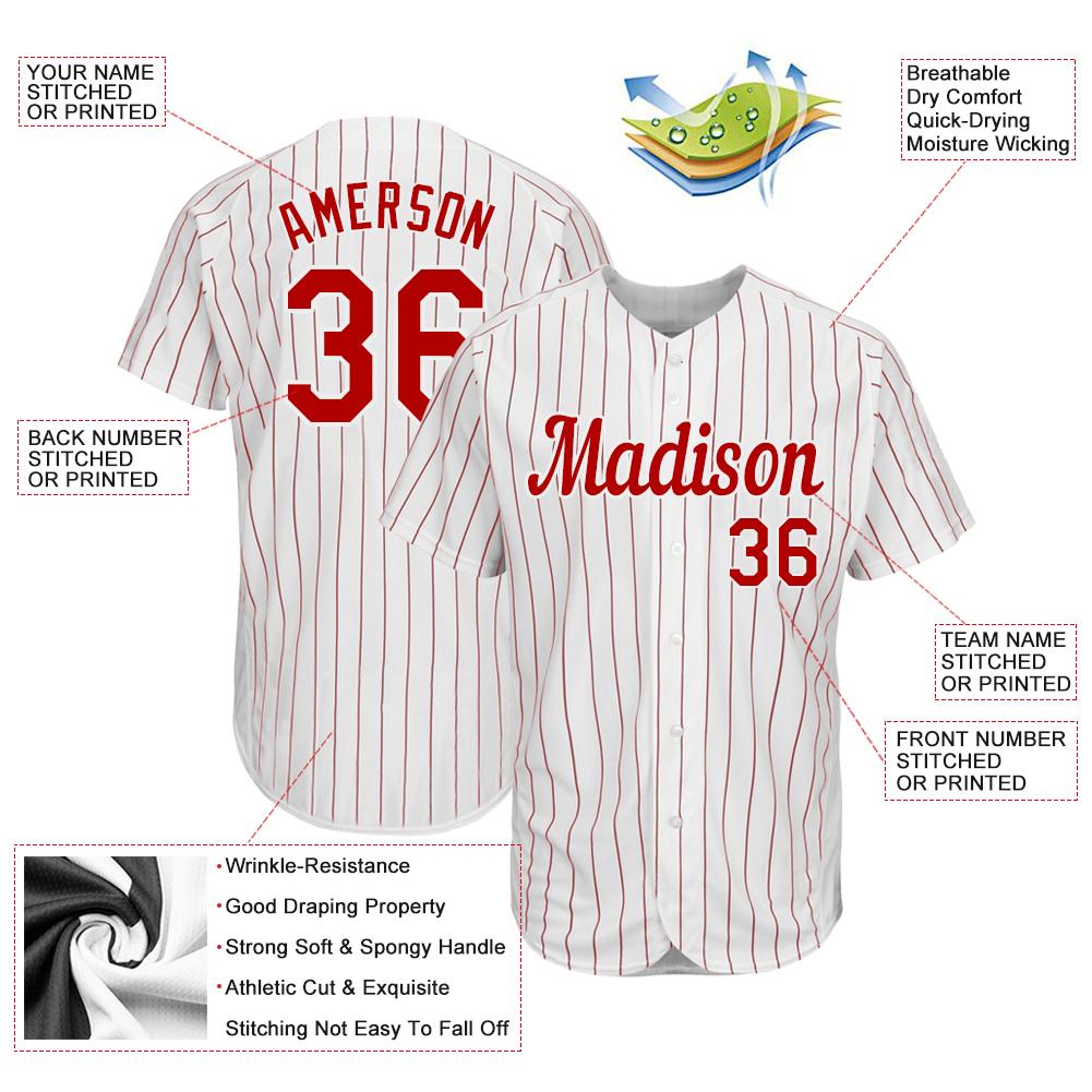 Custom White Red Pinstripe Red-White Authentic Baseball Jersey view 3