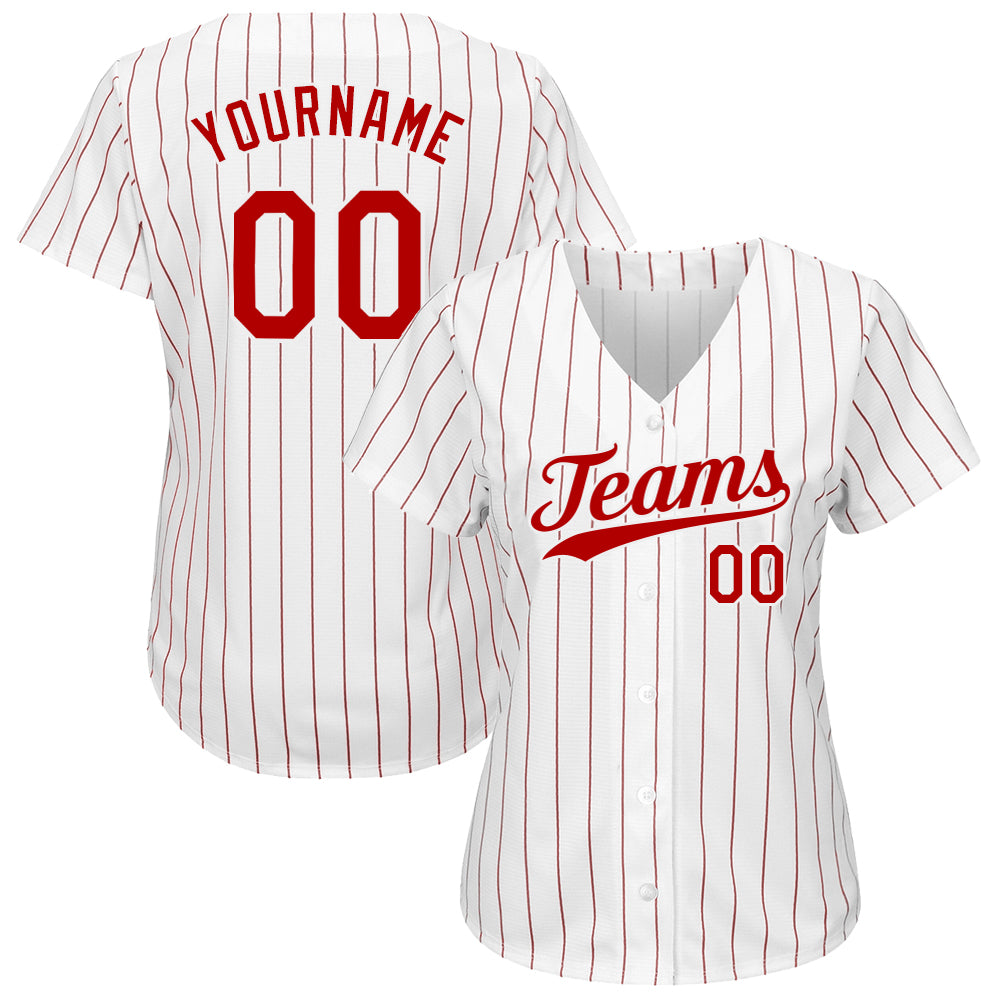 Custom White Red Pinstripe Red-White Authentic Baseball Jersey view 2