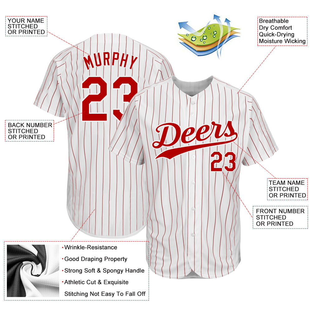 Custom White Red Pinstripe Red-White Authentic Baseball Jersey view 3