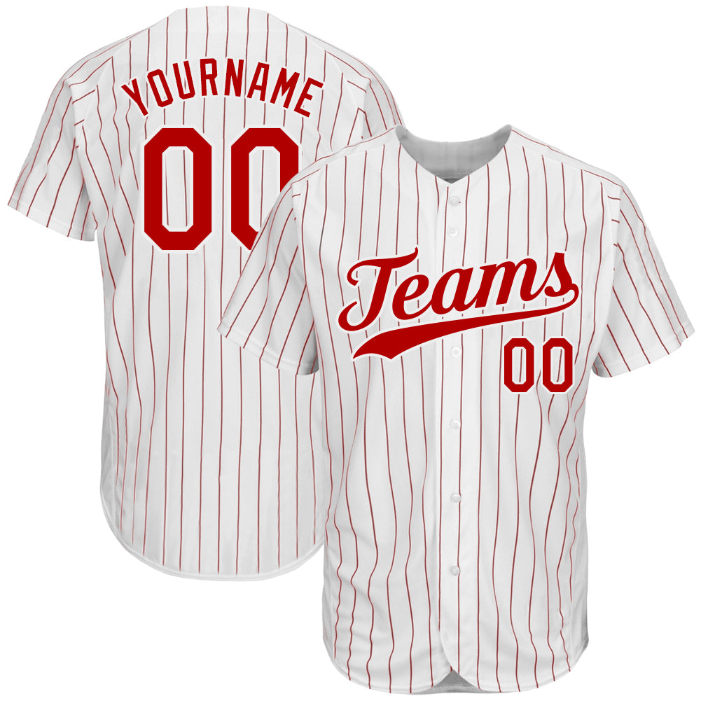 Custom White Red Pinstripe Red-White Authentic Baseball Jersey - Main View