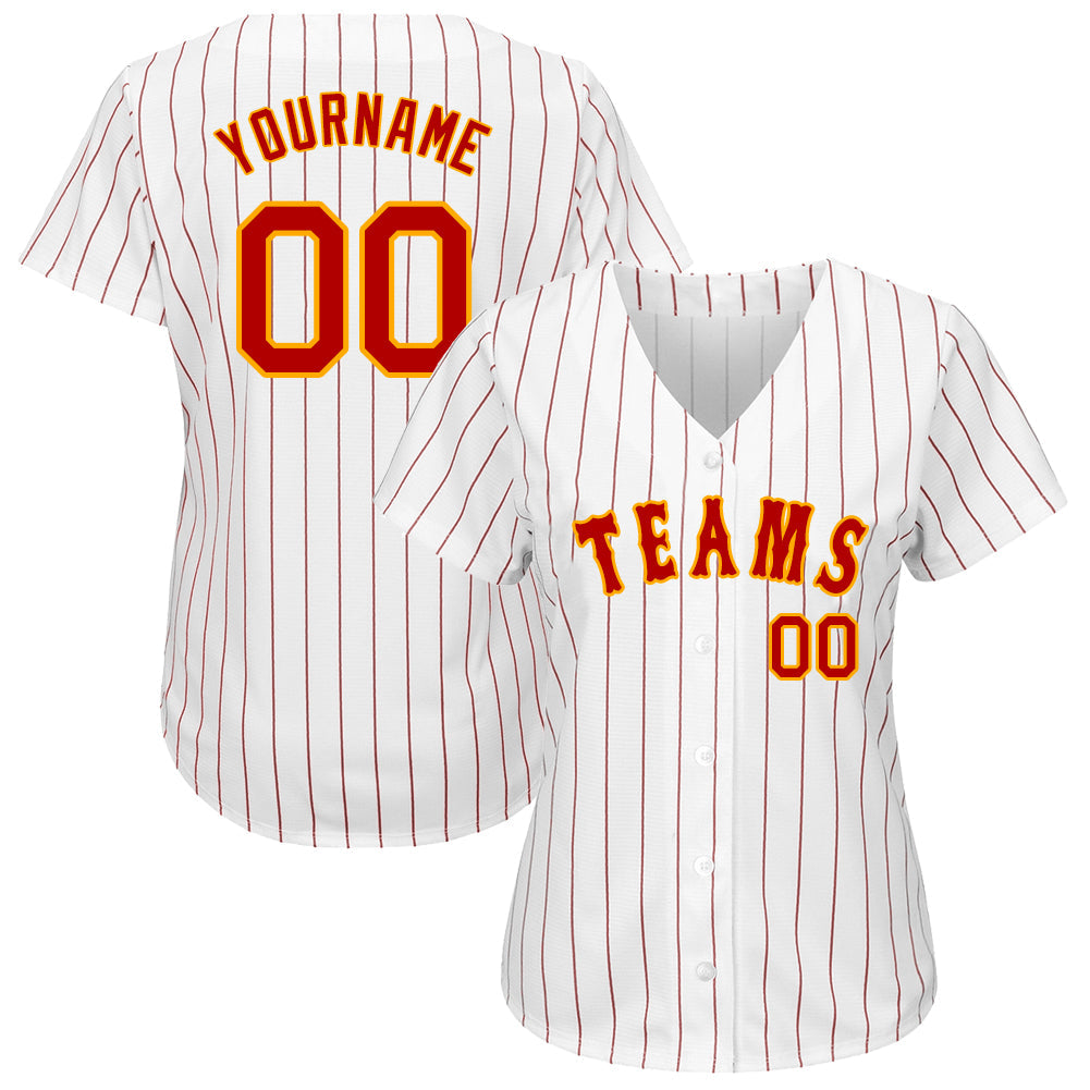 Custom White Red Pinstripe Red-Gold Authentic Baseball Jersey view 2
