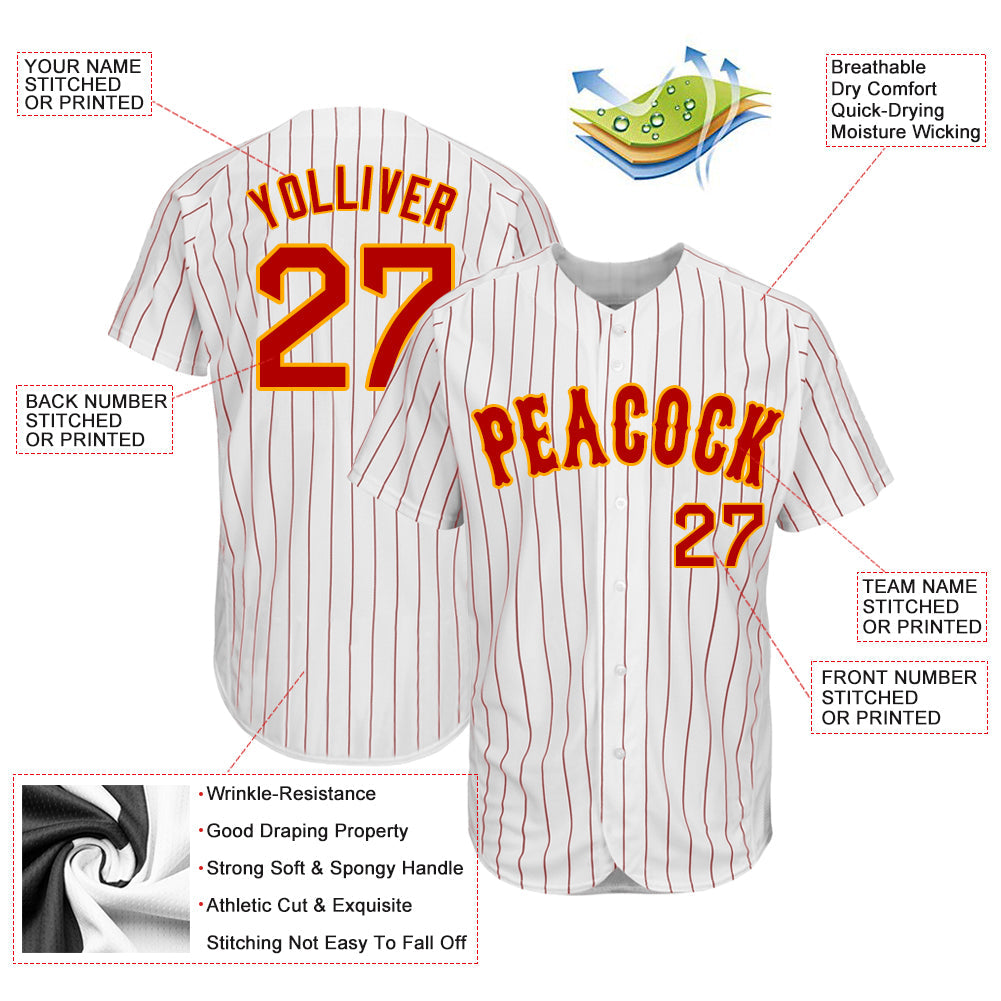 Custom White Red Pinstripe Red-Gold Authentic Baseball Jersey view 3