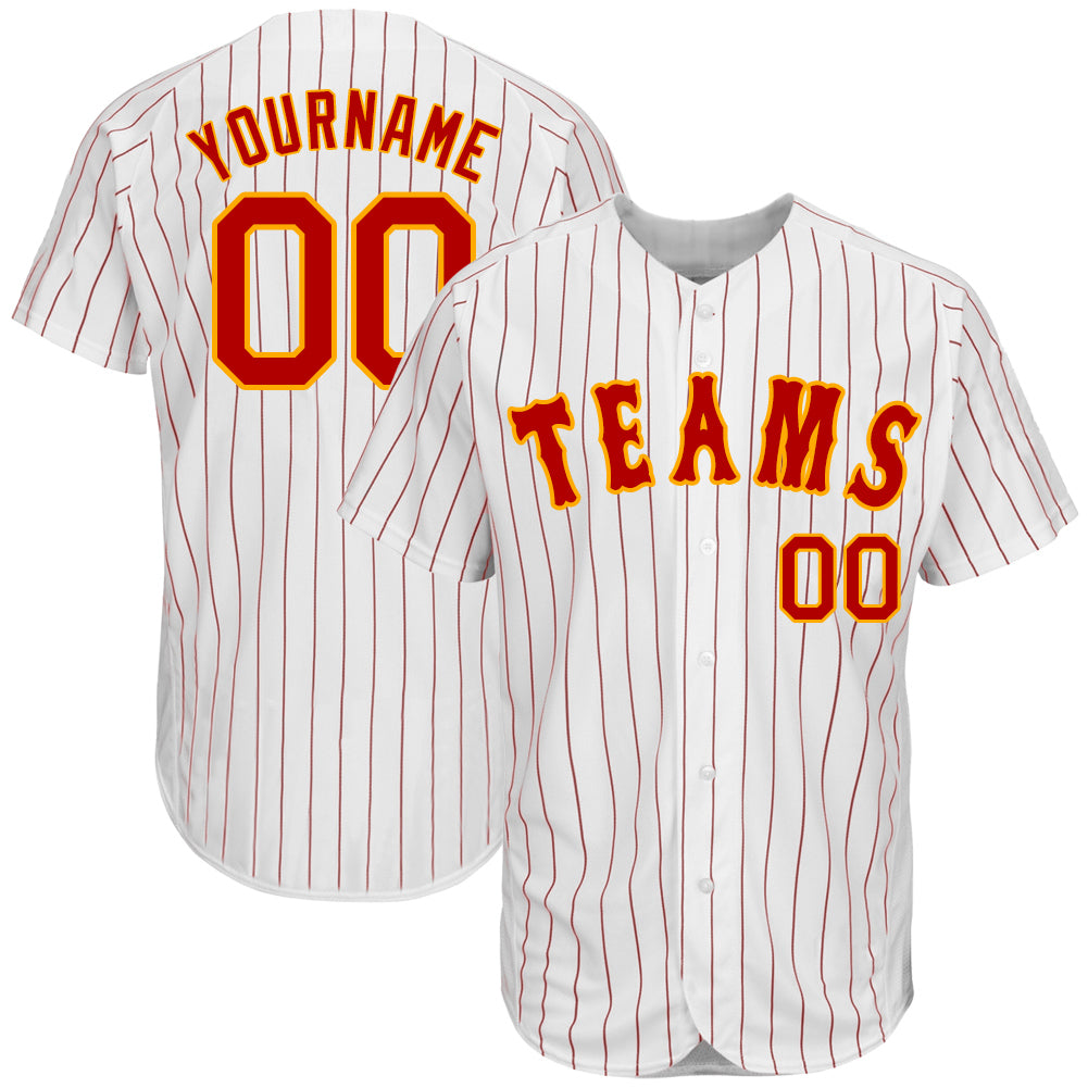 Custom White Red Pinstripe Red-Gold Authentic Baseball Jersey - Main View