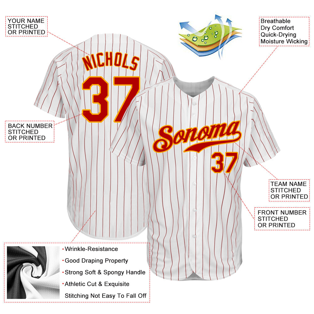 Custom White Red Pinstripe Red-Gold Authentic Baseball Jersey view 3