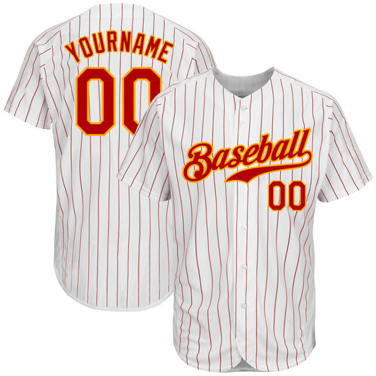 Custom White Red Pinstripe Red-Gold Authentic Baseball Jersey - Main View