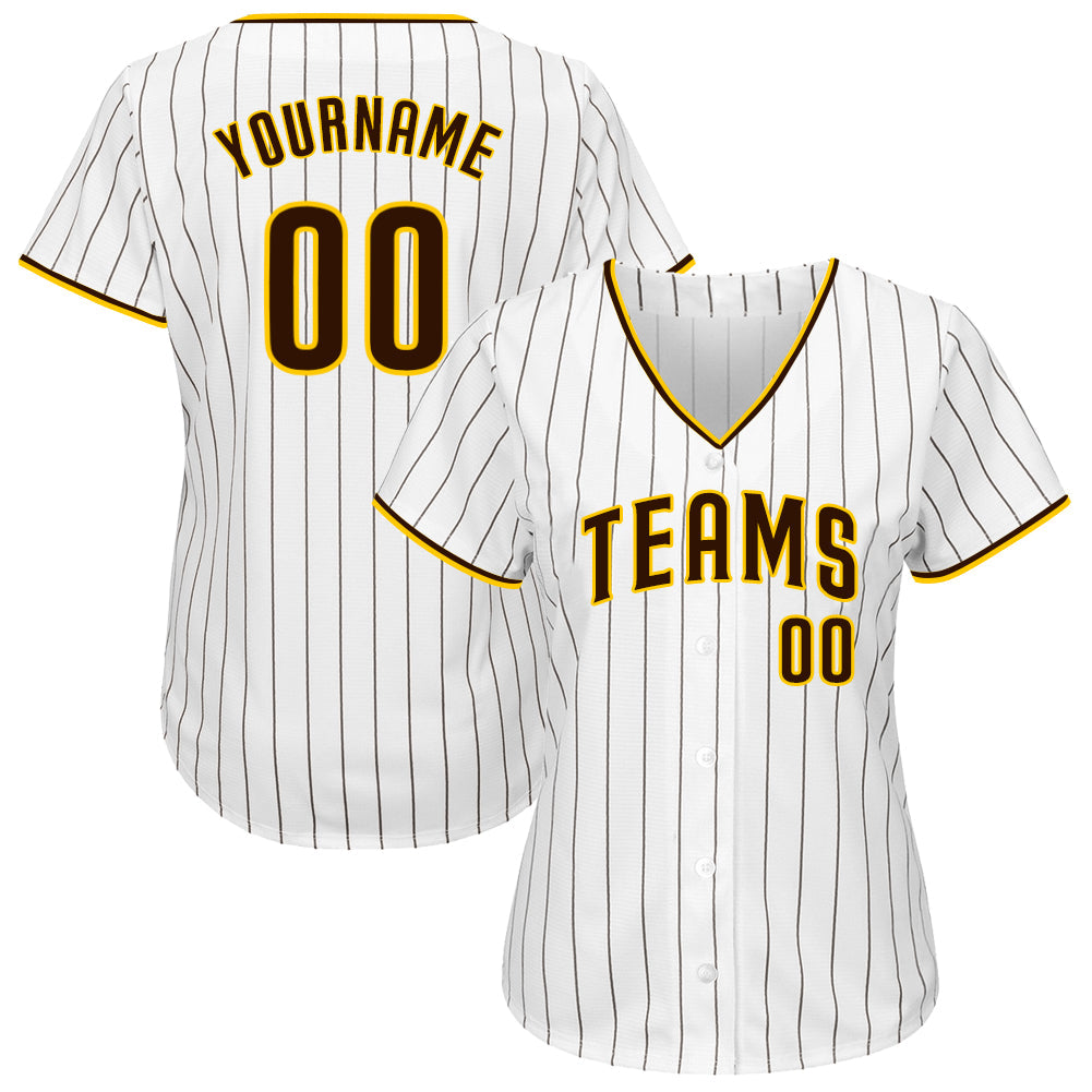Custom White Brown Pinstripe Brown-Gold Authentic Baseball Jersey view 2