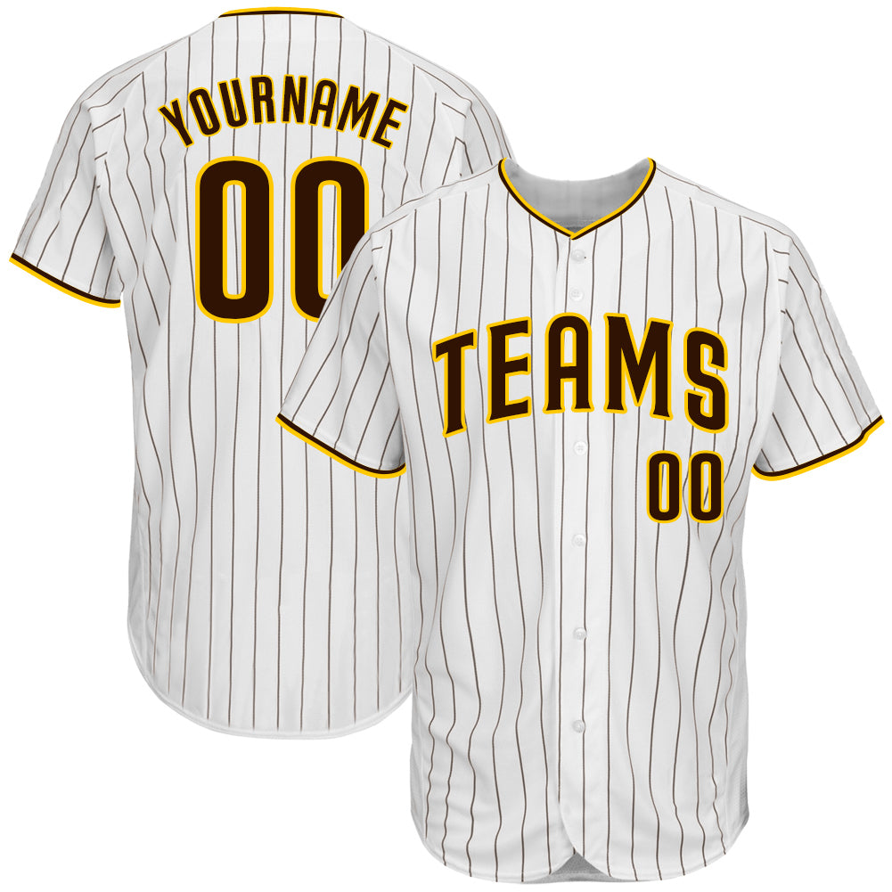 Custom White Brown Pinstripe Brown-Gold Authentic Baseball Jersey - Main View