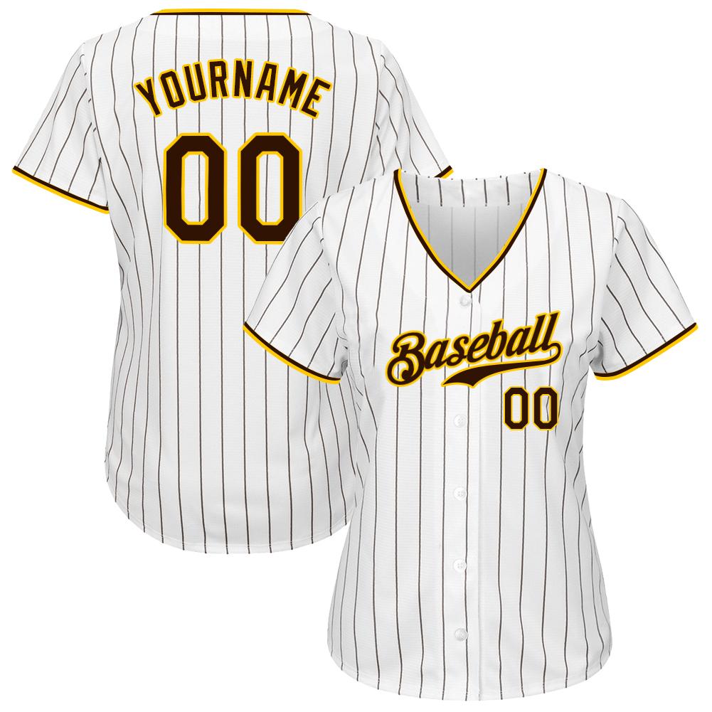 Custom White Brown Pinstripe Brown-Gold Authentic Baseball Jersey view 2