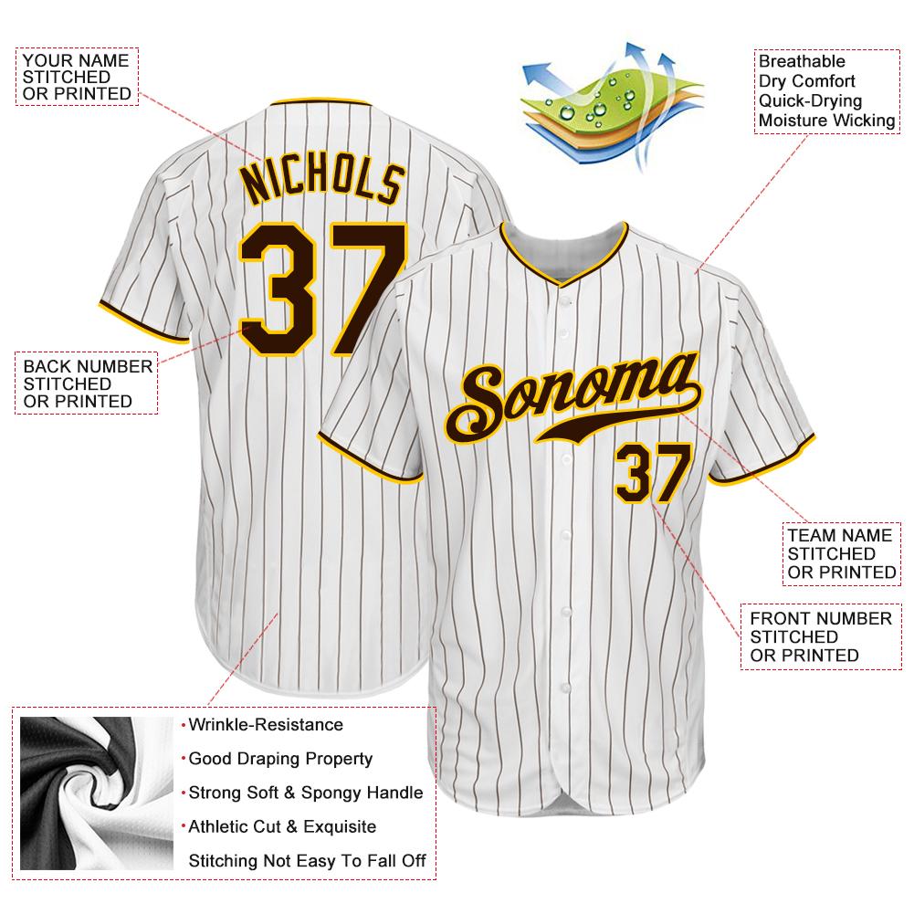 Custom White Brown Pinstripe Brown-Gold Authentic Baseball Jersey view 3