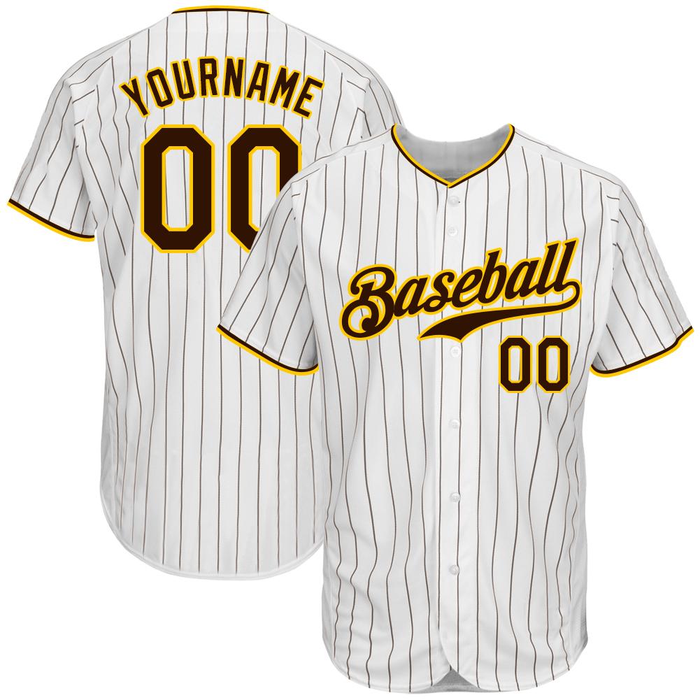 Custom White Brown Pinstripe Brown-Gold Authentic Baseball Jersey - Main View