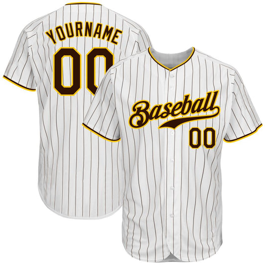 Custom White Brown Pinstripe Brown-Gold Authentic Baseball Jersey - Main View