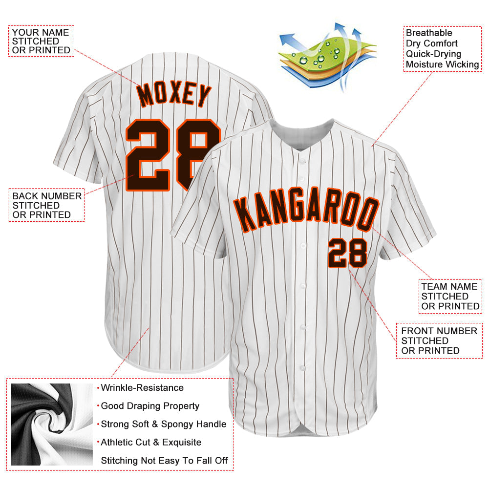 Custom White Brown Pinstripe Brown-Orange Authentic Baseball Jersey view 3