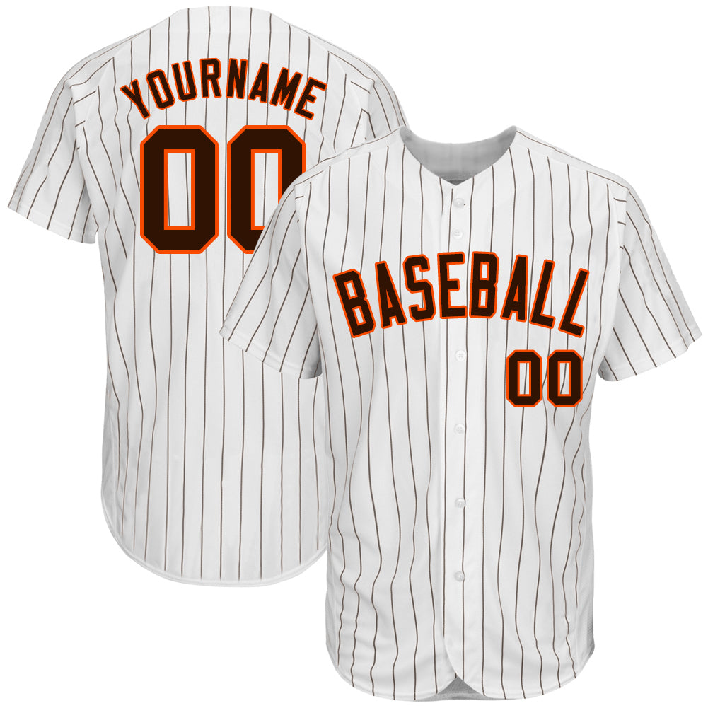 Custom White Brown Pinstripe Brown-Orange Authentic Baseball Jersey - Main View