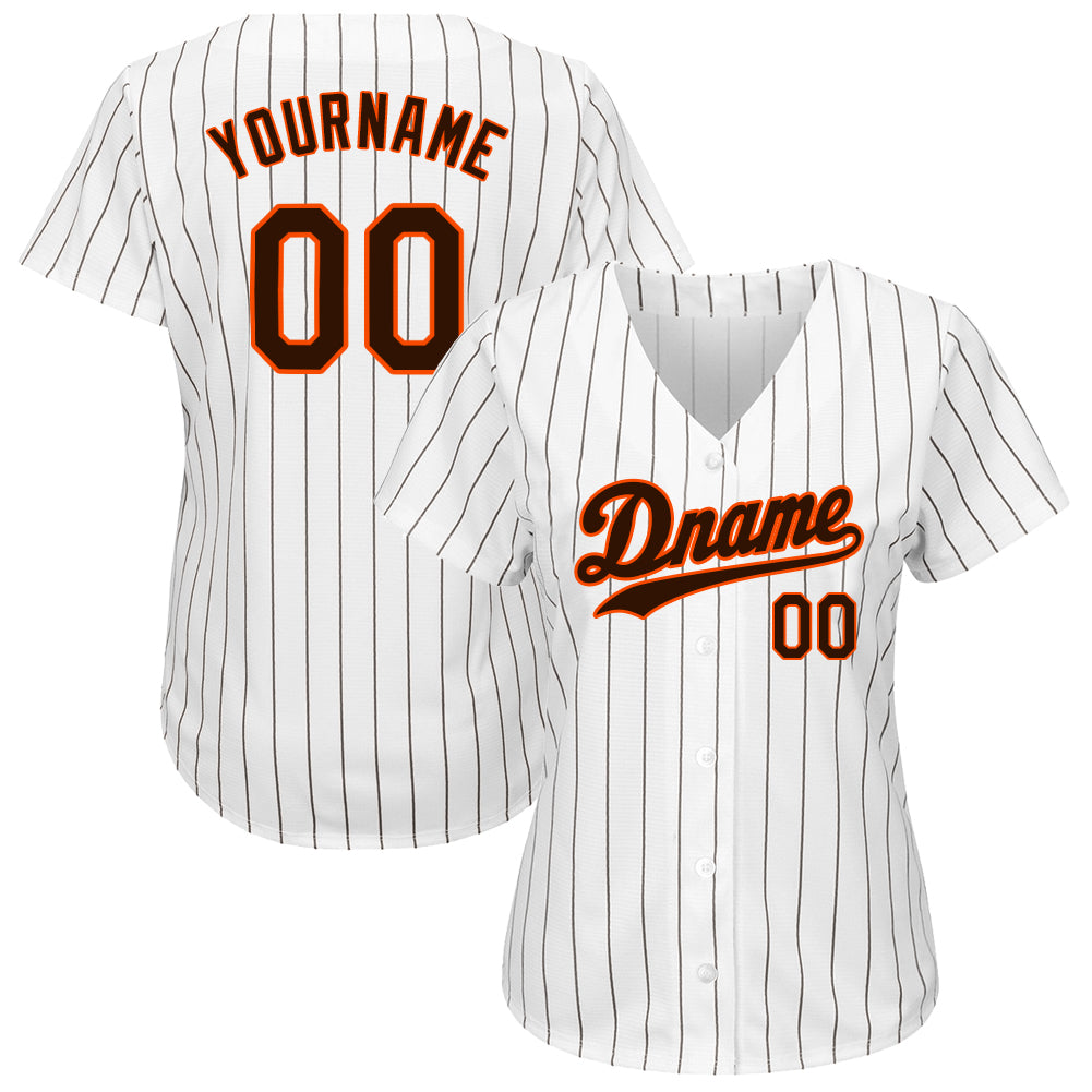 Custom White Brown Pinstripe Brown-Orange Authentic Baseball Jersey view 2