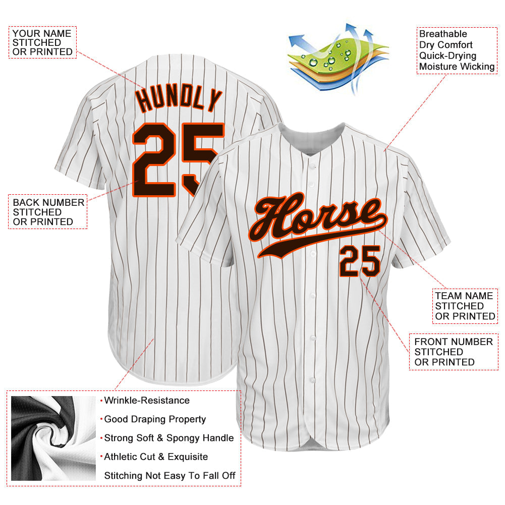 Custom White Brown Pinstripe Brown-Orange Authentic Baseball Jersey view 3