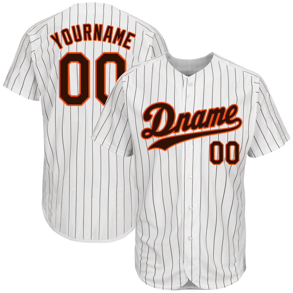 Custom White Brown Pinstripe Brown-Orange Authentic Baseball Jersey - Main View