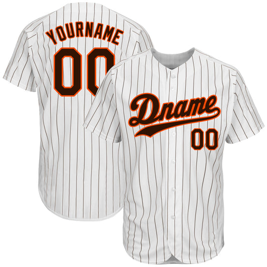 Custom White Brown Pinstripe Brown-Orange Authentic Baseball Jersey - Main View