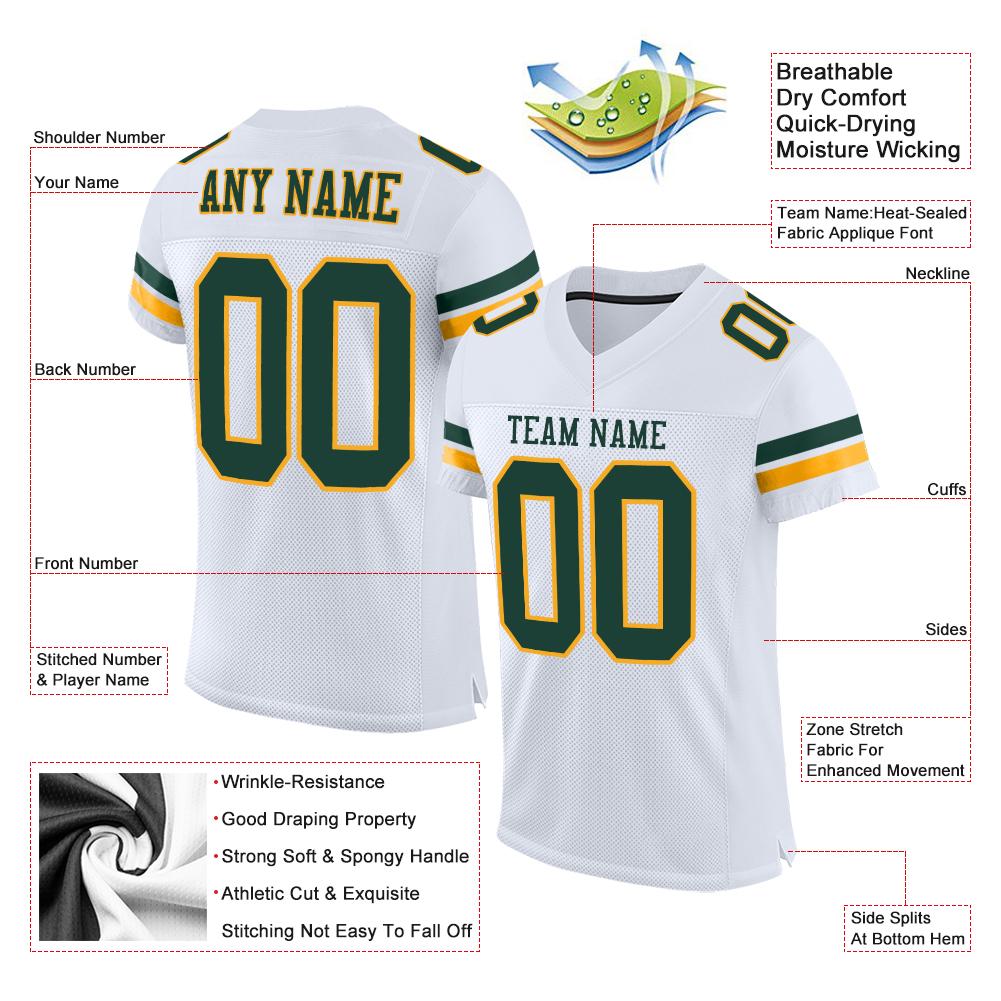 Custom White Green-Gold Mesh Authentic Football Jersey view 4