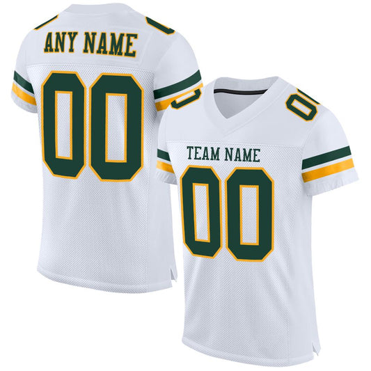 Custom White Green-Gold Mesh Authentic Football Jersey - Main View