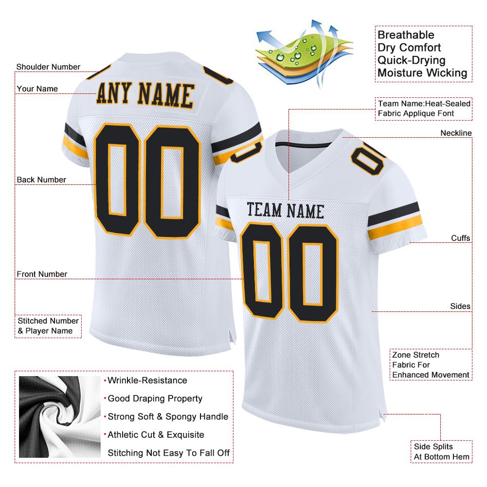 Custom White Black-Gold Mesh Authentic Football Jersey view 4