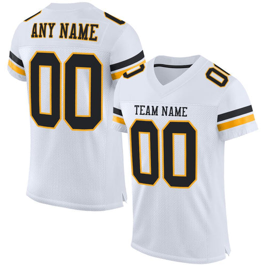 Custom White Black-Gold Mesh Authentic Football Jersey - Main View