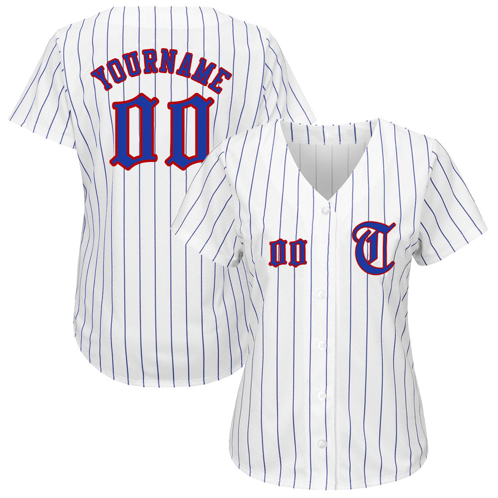 Custom White Royal Pinstripe Royal-Red Authentic Baseball Jersey view 2