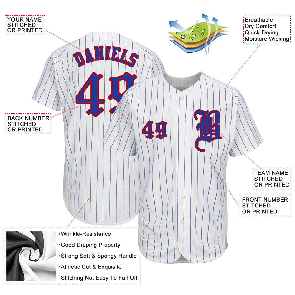 Custom White Royal Pinstripe Royal-Red Authentic Baseball Jersey view 3