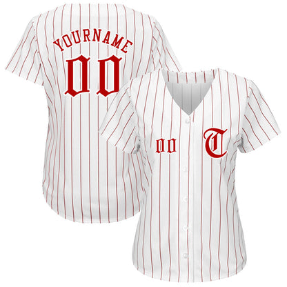 Custom White Red Pinstripe Red-White Authentic Baseball Jersey view 2