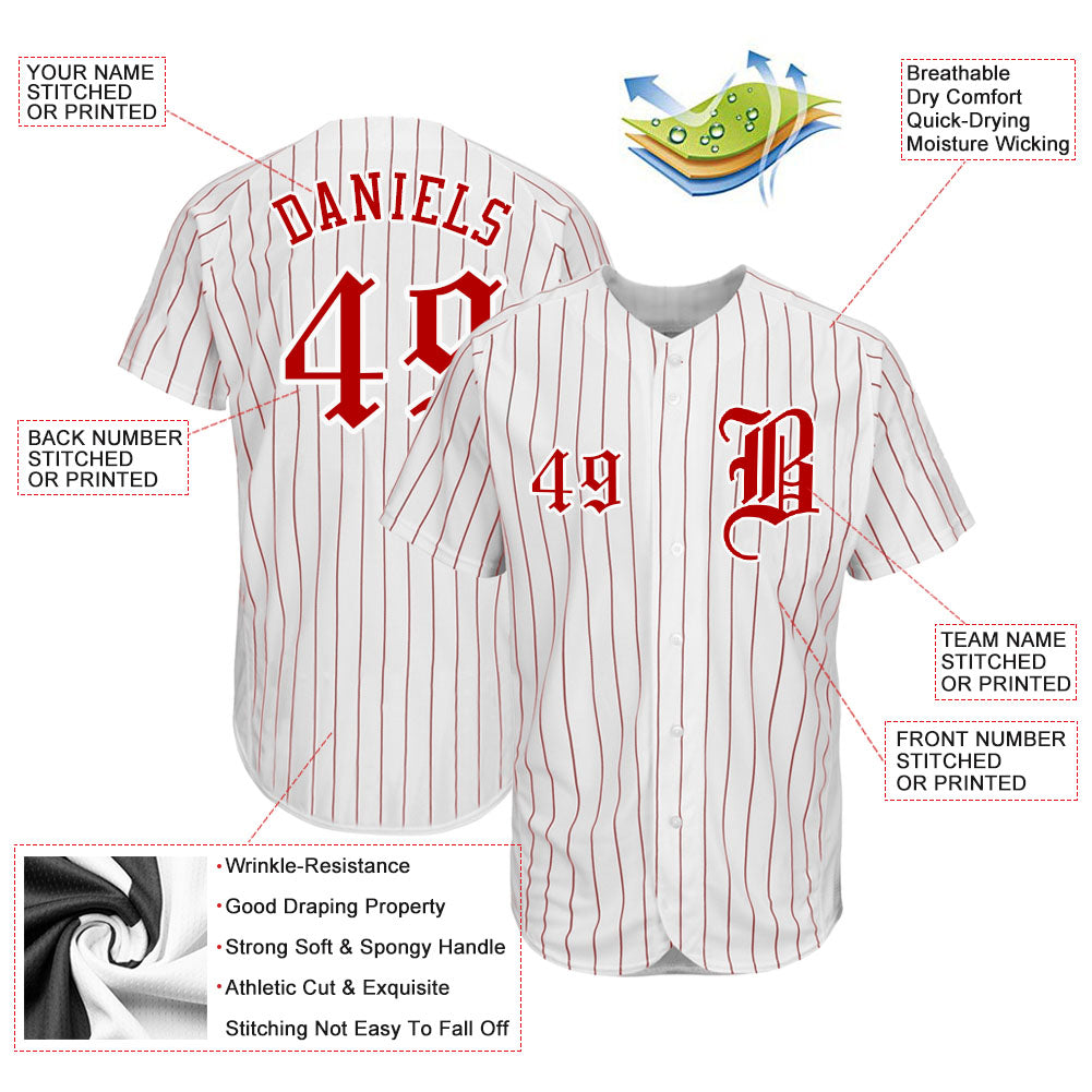 Custom White Red Pinstripe Red-White Authentic Baseball Jersey view 3