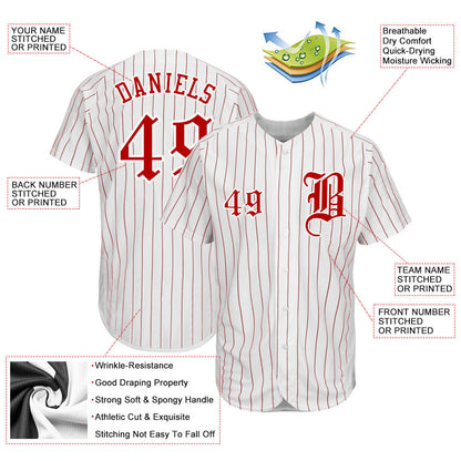 Custom White Red Pinstripe Red-White Authentic Baseball Jersey view 3