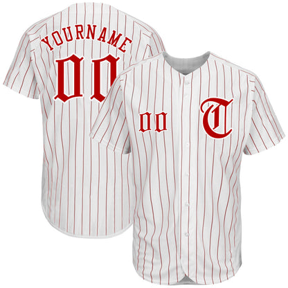 Custom White Red Pinstripe Red-White Authentic Baseball Jersey - Main View
