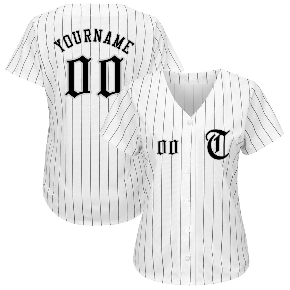 Custom White Black Pinstripe Black-Gray Authentic Baseball Jersey view 2