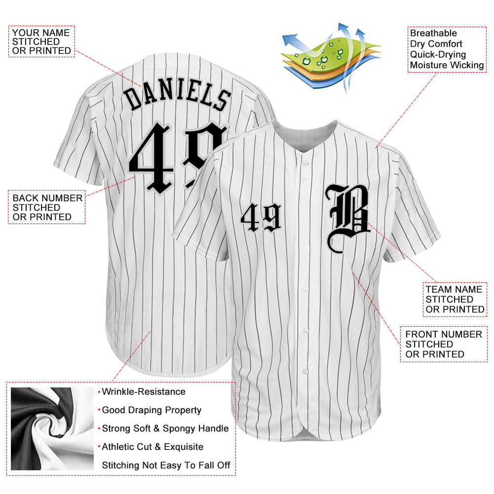 Custom White Black Pinstripe Black-Gray Authentic Baseball Jersey view 3