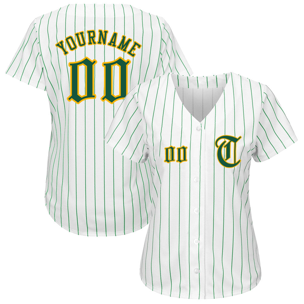 Custom White Kelly Green Pinstripe Kelly Green-Gold Authentic Baseball Jersey view 2