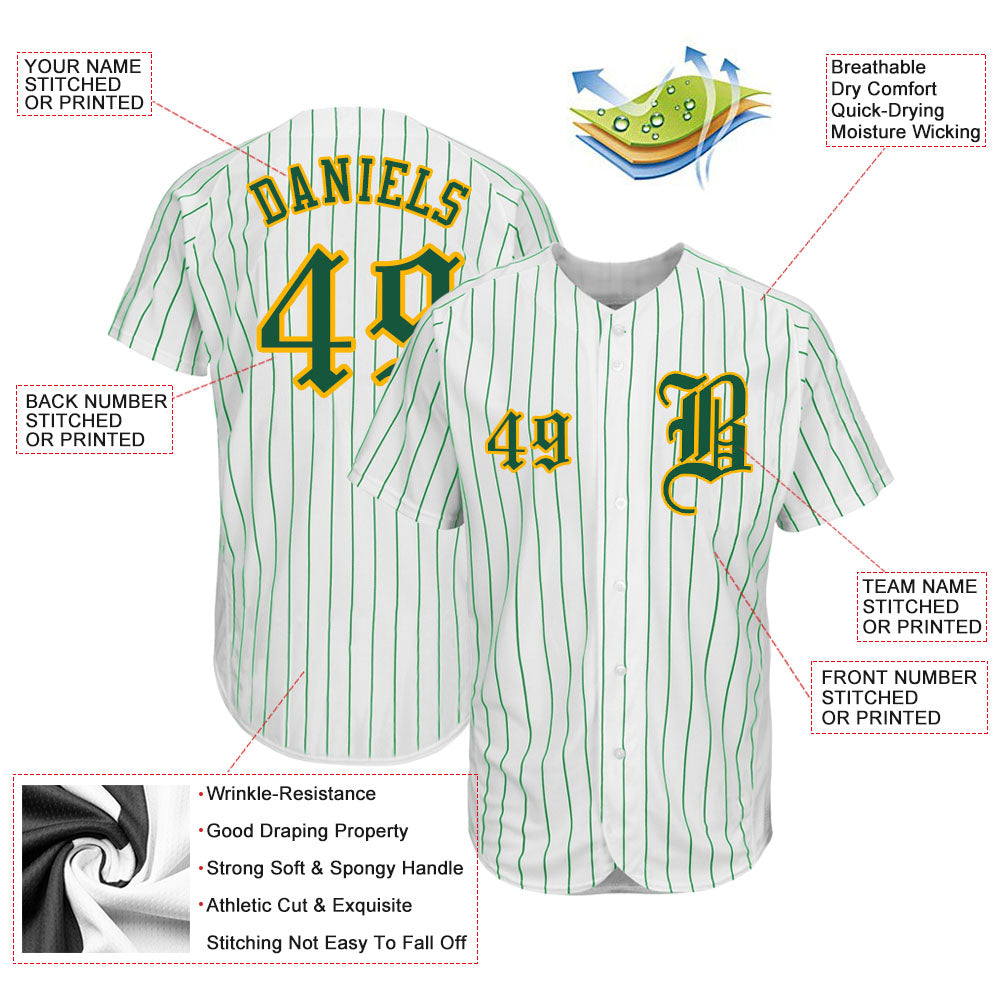 Custom White Kelly Green Pinstripe Kelly Green-Gold Authentic Baseball Jersey view 3