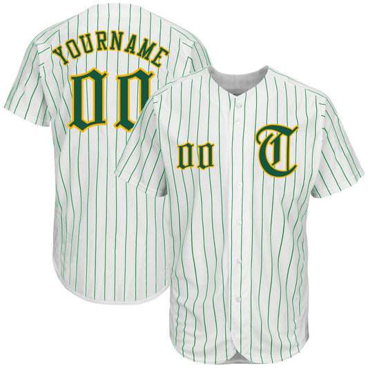 Custom White Kelly Green Pinstripe Kelly Green-Gold Authentic Baseball Jersey - Main View