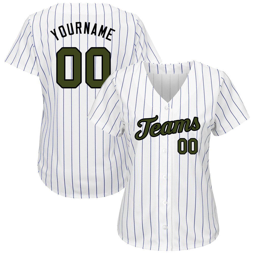 Custom White Royal Pinstripe Olive-Black Authentic Memorial Day Baseball Jersey view 2