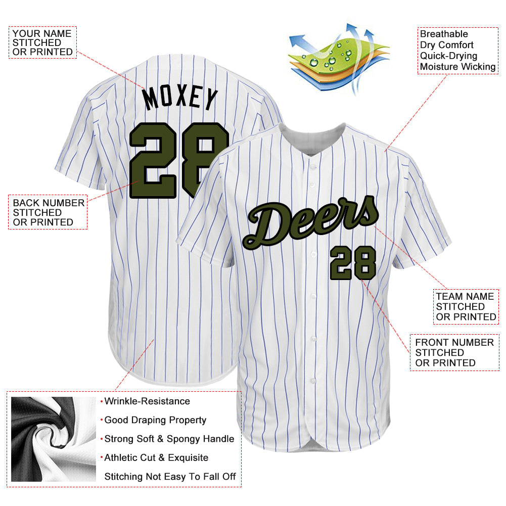 Custom White Royal Pinstripe Olive-Black Authentic Memorial Day Baseball Jersey view 3