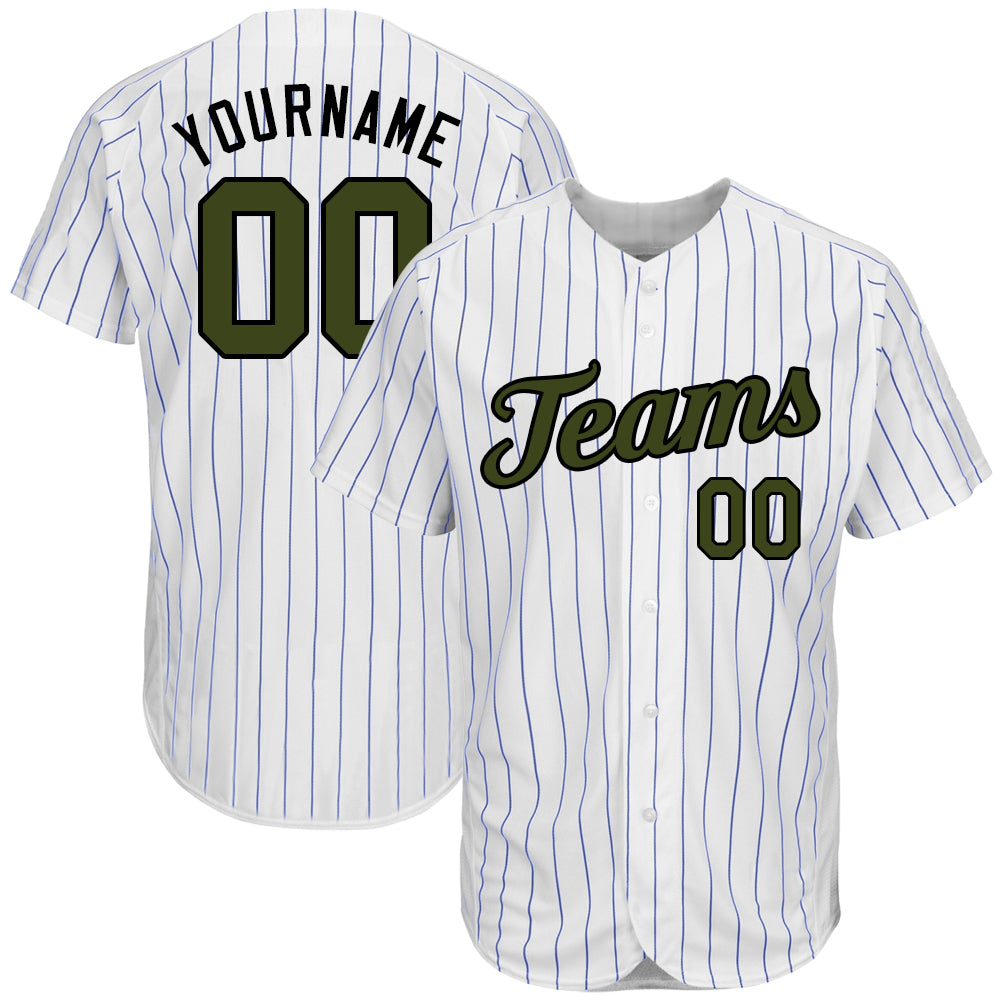 Custom White Royal Pinstripe Olive-Black Authentic Memorial Day Baseball Jersey - Main View
