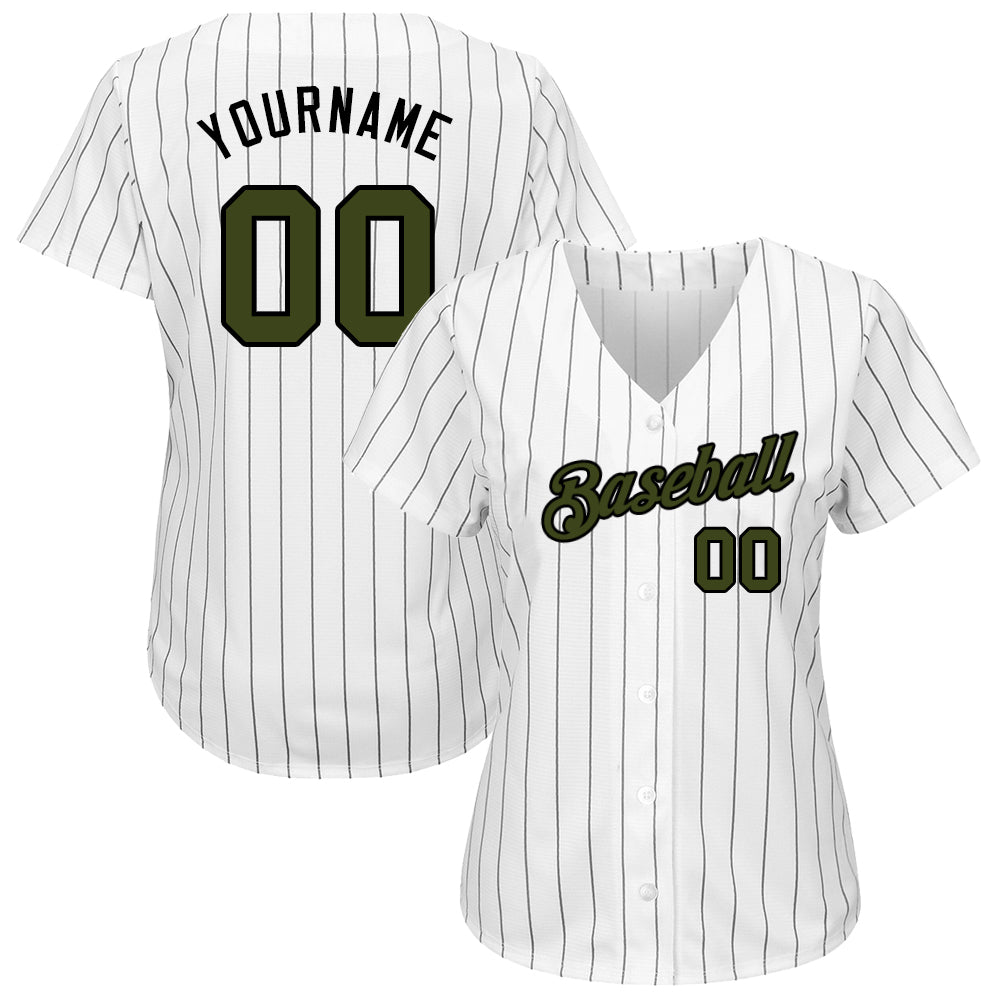 Custom White Black Pinstripe Olive-Black Authentic Memorial Day Baseball Jersey view 2