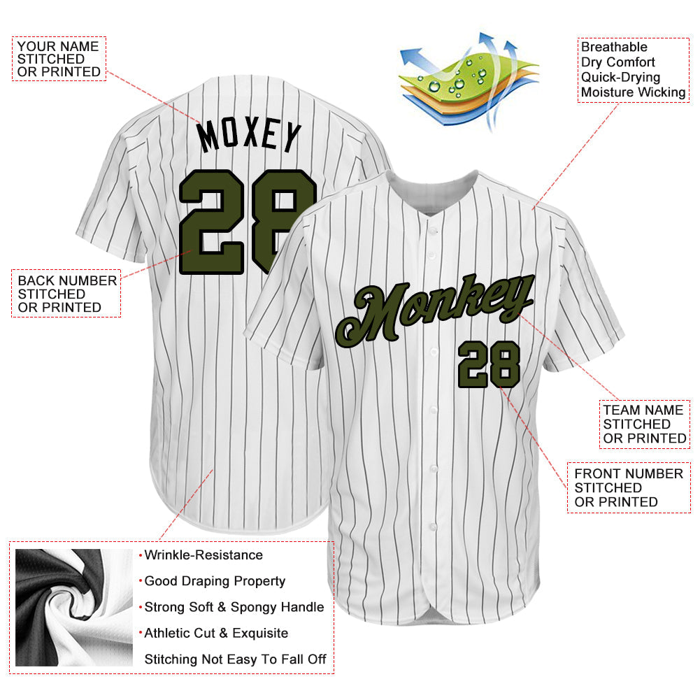 Custom White Black Pinstripe Olive-Black Authentic Memorial Day Baseball Jersey view 3