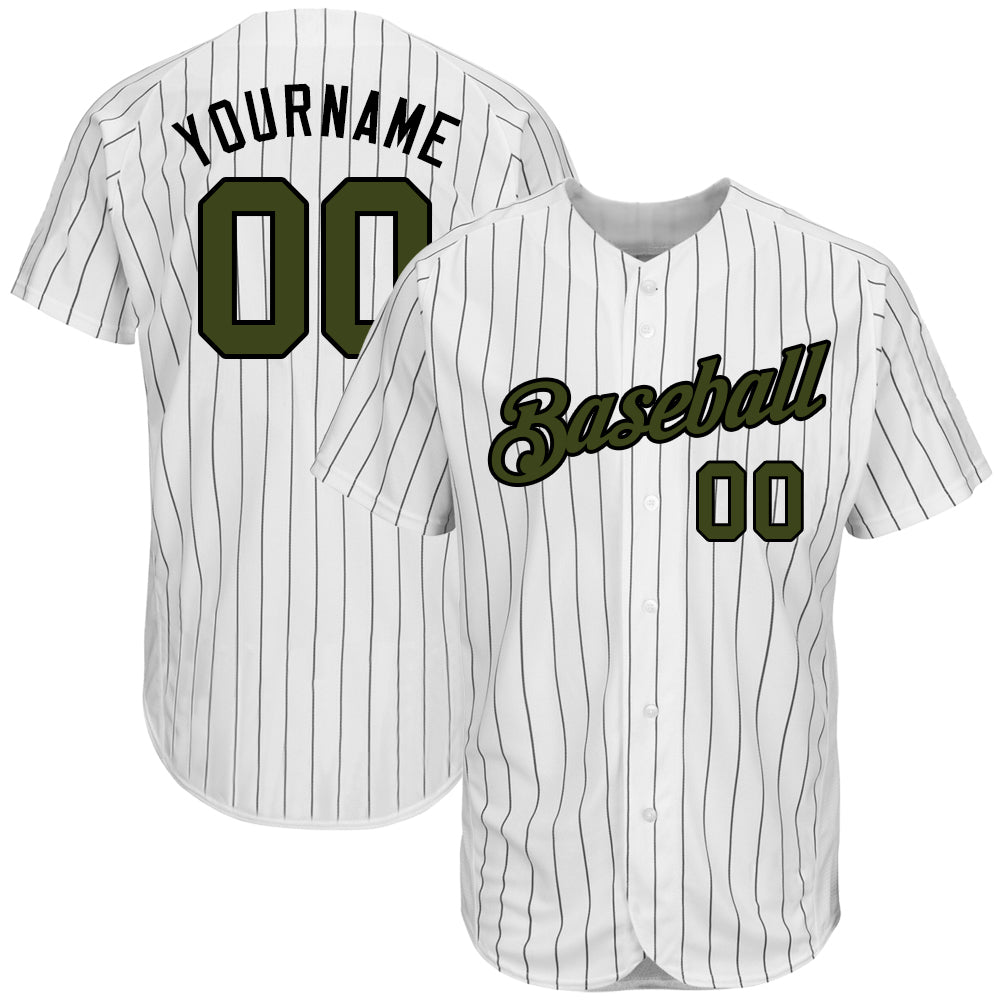 Custom White Black Pinstripe Olive-Black Authentic Memorial Day Baseball Jersey - Main View